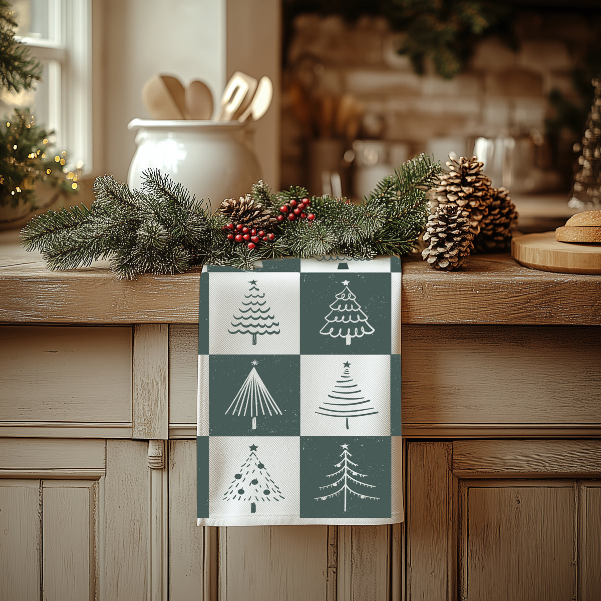 Tree themed Christmas kitchen styling
Christmas tree kitchen collection
Nostalgic retro Christmas kitchen towel
Retro holiday kitchen decoration
Christmas tree themed kitchen decor