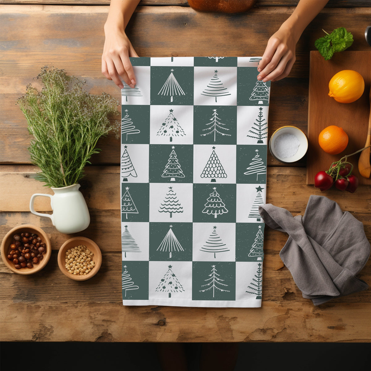 Christmas kitchen textile decor
Seasonal kitchen linens tree design
Green Christmas kitchen linens
White sage Christmas kitchen decor
Christmas kitchen linens tree pattern
Christmas tree kitchen towel block design