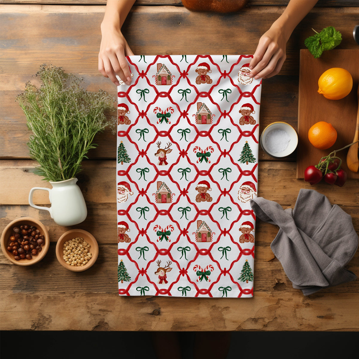 Holiday icons kitchen towel
Christmas symbols kitchen accessories
Classic Christmas figures kitchen towel
Holiday themed kitchen essentials
Christmas kitchen theme collection