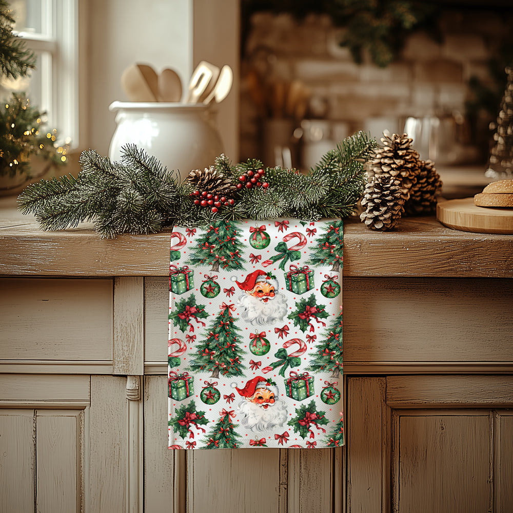traditional holiday towel with santa, candy canes, and gifts
1950s santa kitchen towel with classic christmas icons
vintage christmas flour sack towel with mistletoe and trees
cute holiday towel with vintage santa and green gift boxes