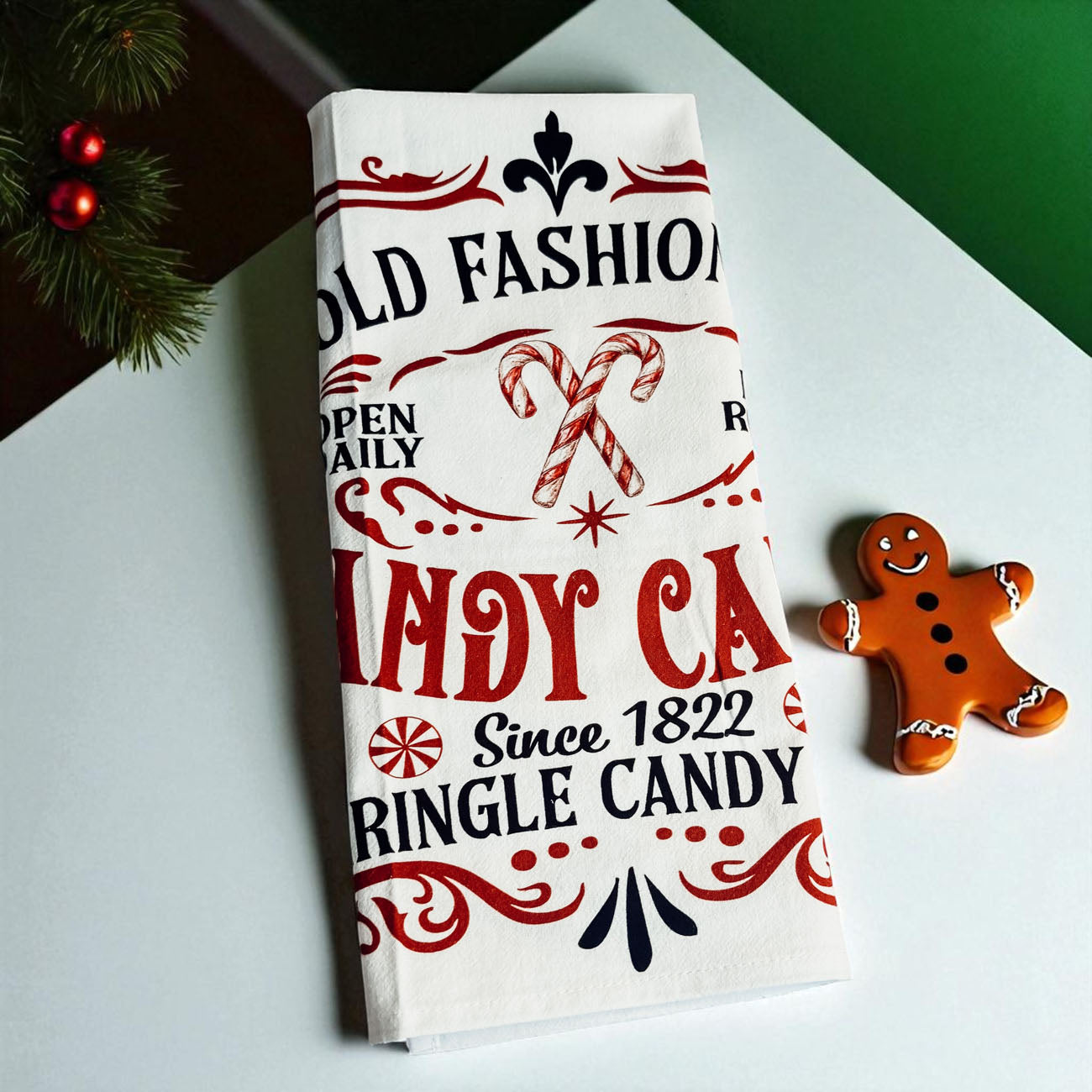 Classic holiday kitchen decor towel
Traditional Christmas kitchen essentials
Vintage holiday kitchen accessories
Holiday candy cane decorations kitchen