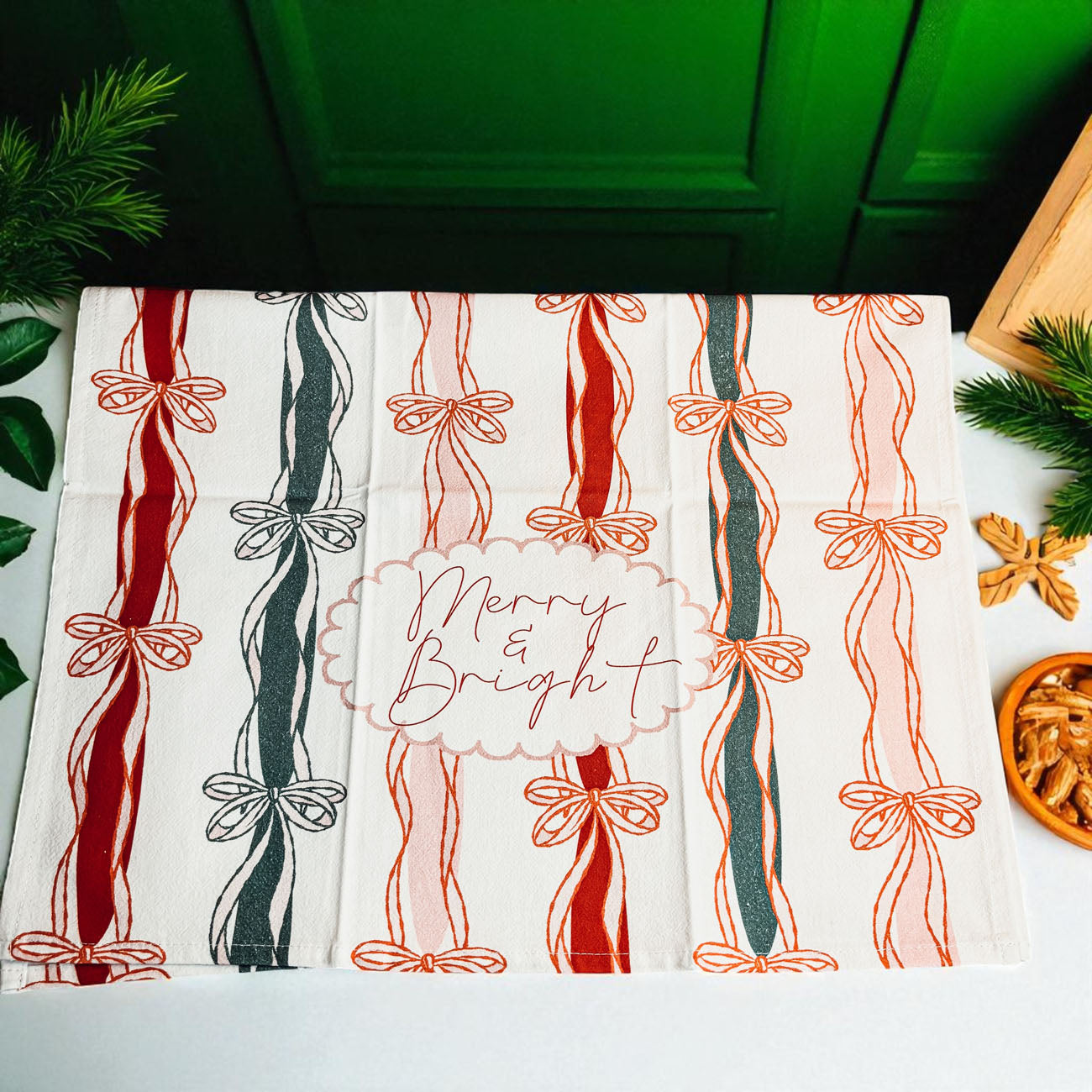 Chic holiday kitchen towel design
Refined Christmas kitchen decor bow
Designer bow Christmas accessories
Christmas aesthetic home decor towel