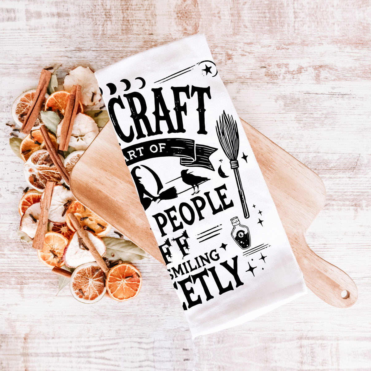 flour sack witch towel with stars moons and witch hat art
witch humor dish towel for coven girls night décor
bitchcraft sarcastic kitchen towel for modern witch home