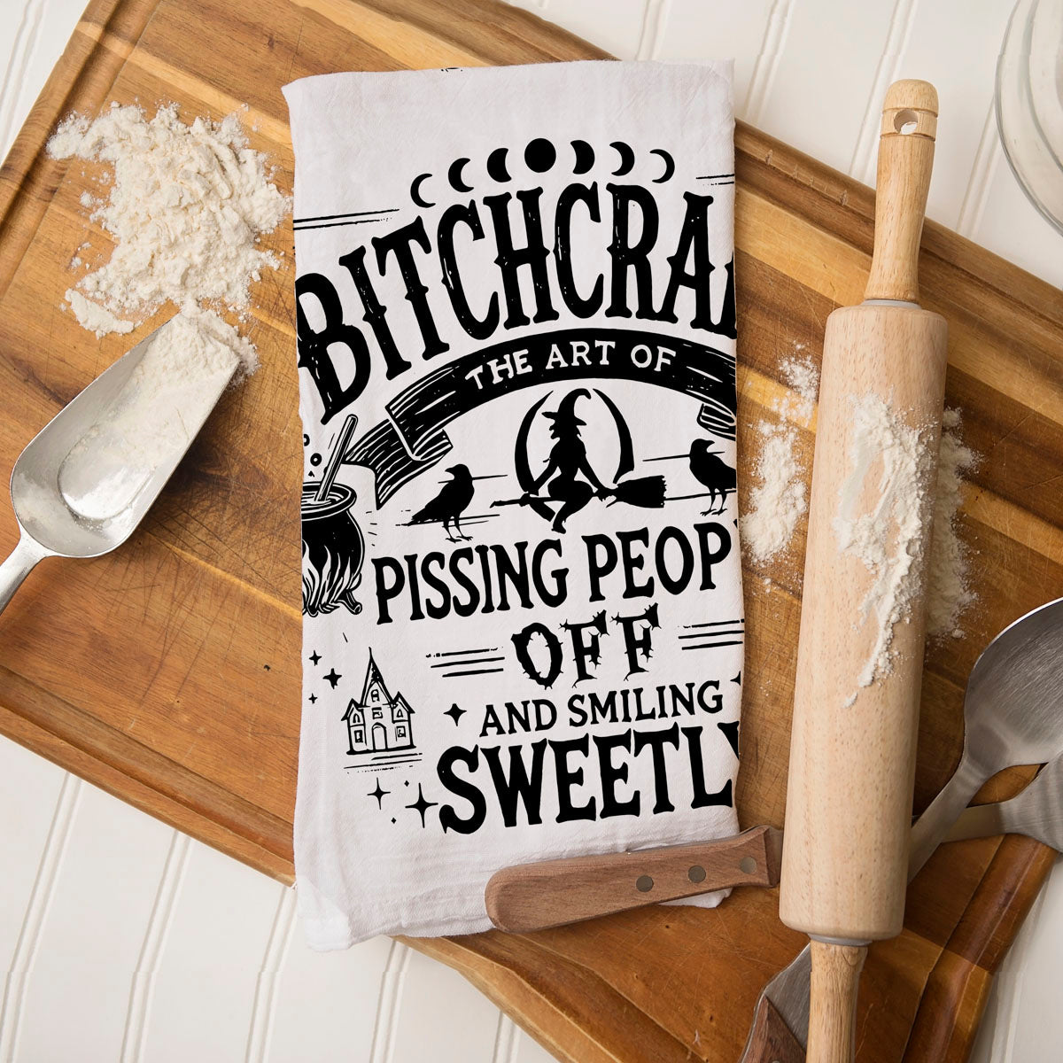 laugh out loud witch towel for funny halloween display
quirky witch themed towel for halloween gift basket
funny witch quote wall or oven towel for october décor
unique funny halloween accessory for witch lovers