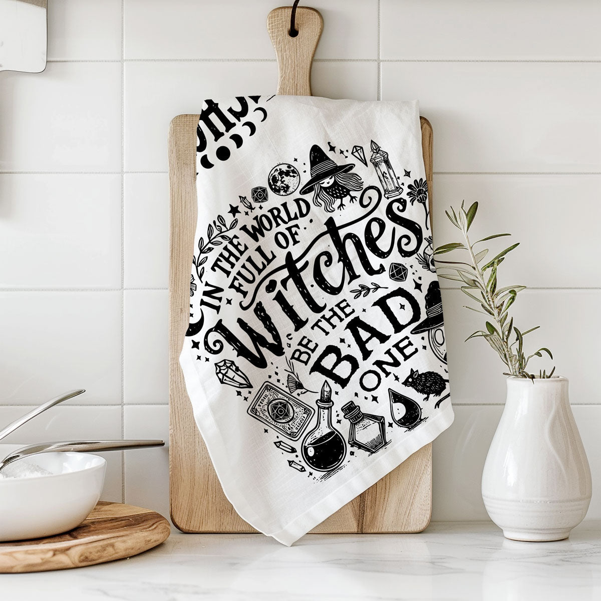 funny halloween witch saying towel for bathroom or powder room
bold witch humor dish towel for edgy halloween décor
unique witch quote textile for cozy spooky home